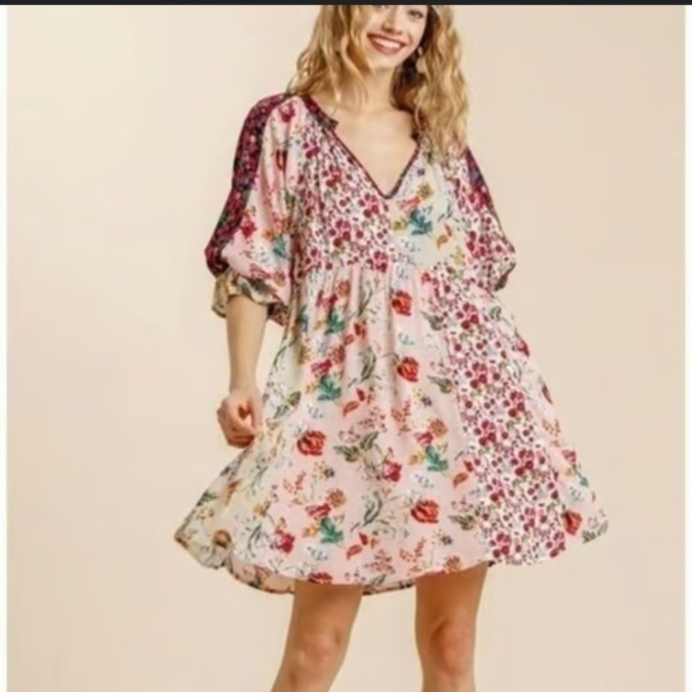Umgee Hippie Dippie Boho Mixed Print Peasant Dress
